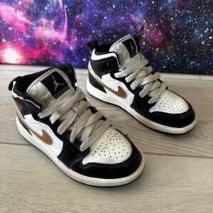 Nike Air Jordan 1 Mid SE (PS) Shoes Black/Metallic Gold BQ6932-007 Kids Size 11c